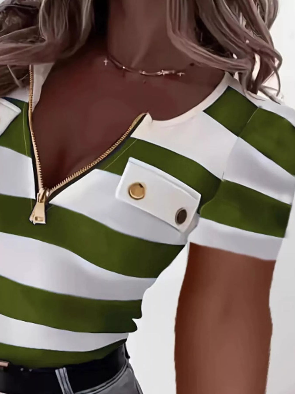 Striped Zipper Front Short Sleeve T-Shirt
