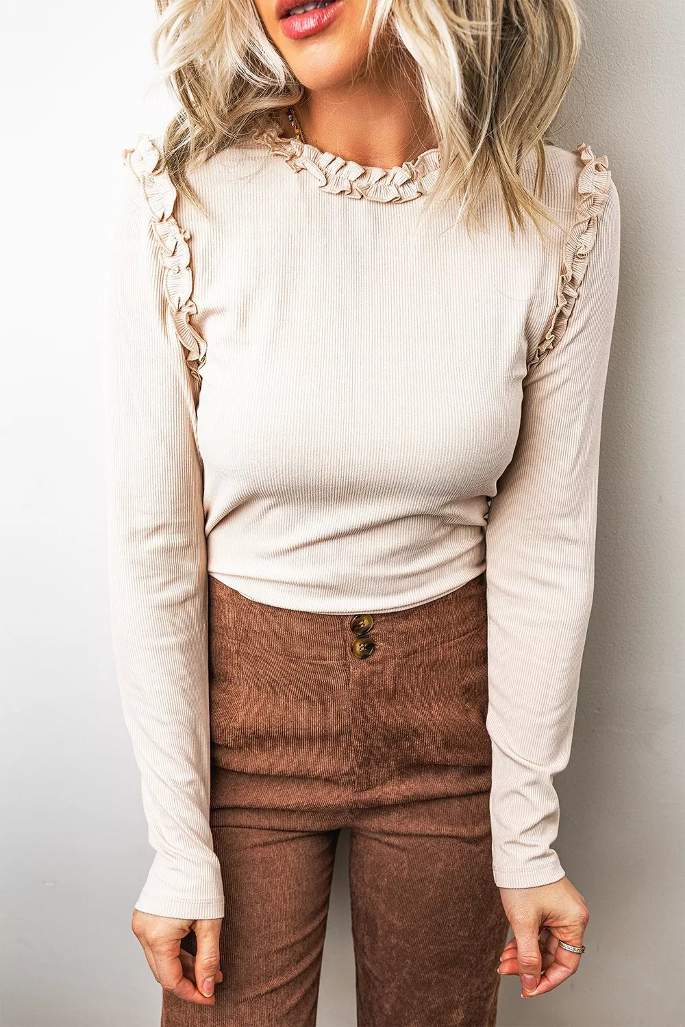 Solid Color Round Neck Frill Detail Long Sleeve Top