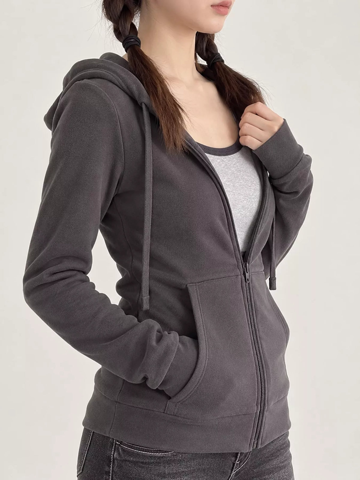 Drawstring Zip-Up Slim Fit Hoodie