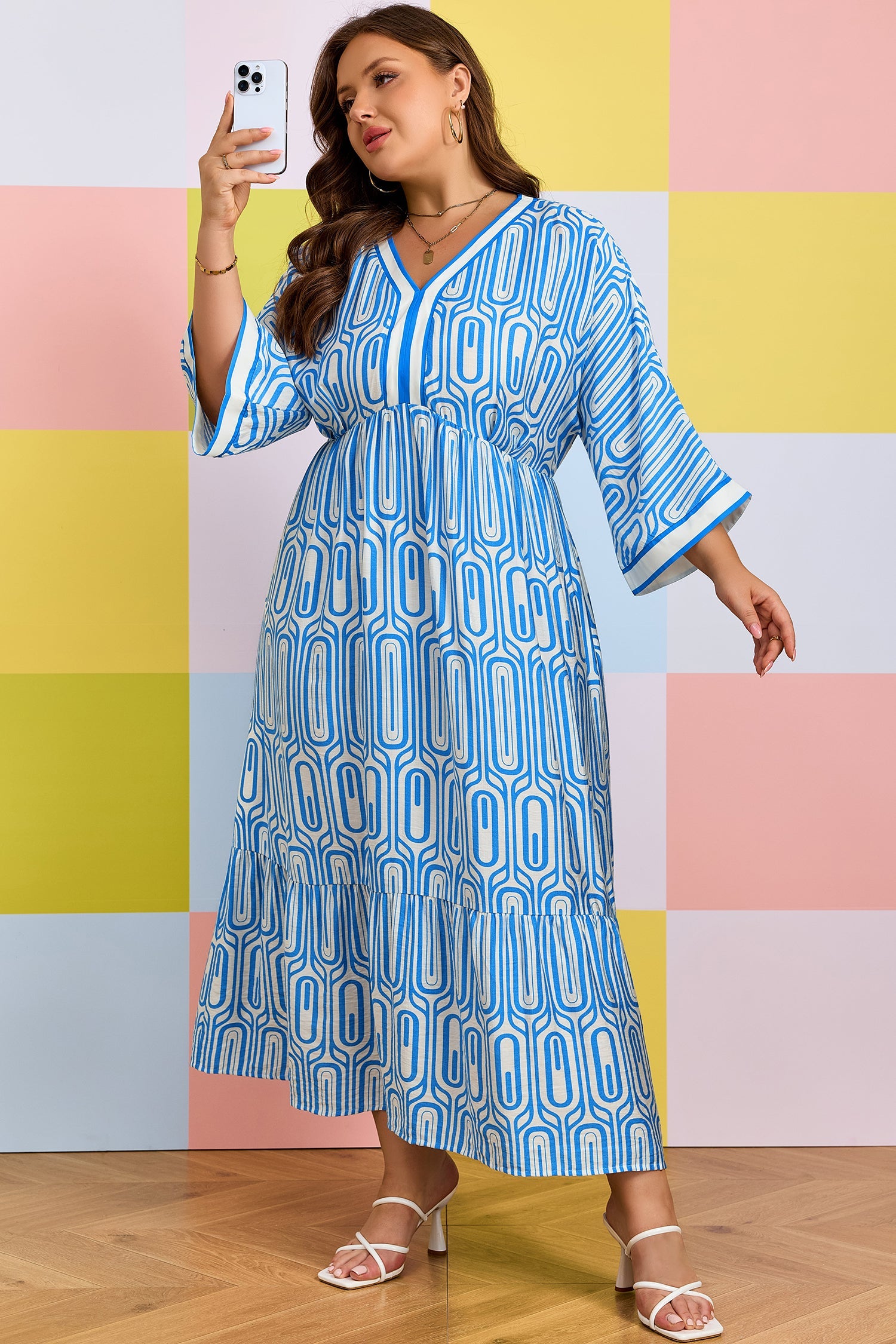 Sky Blue Plus Size Geometric Print Contrast Trim V Neck Bracelet Sleeve Long Dress