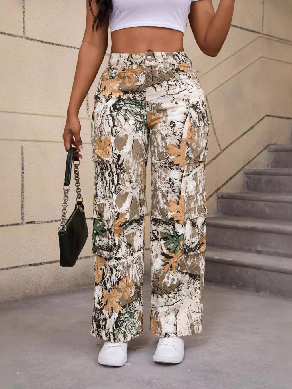 High-Waisted Camouflage Print Cargo Pants