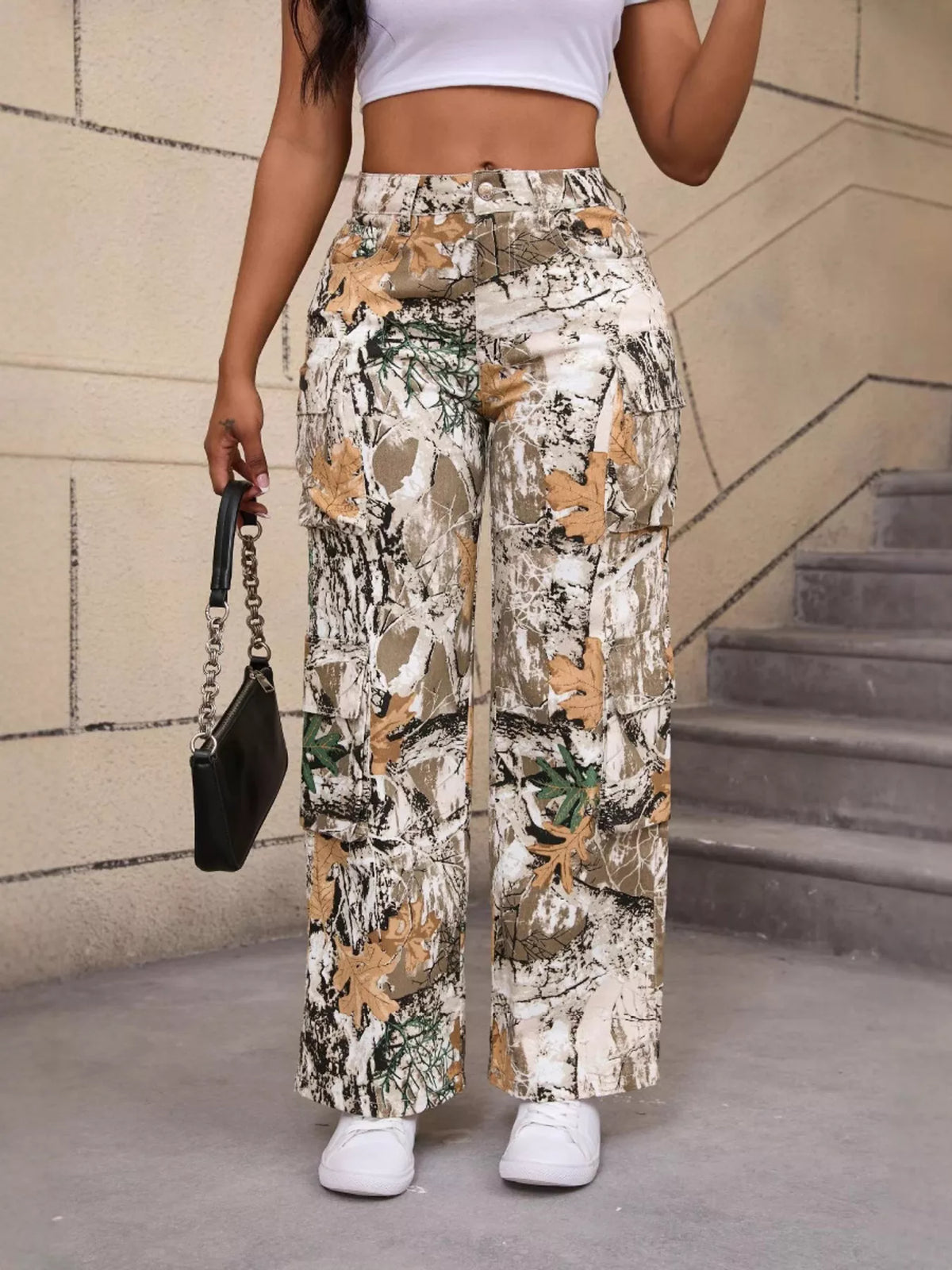 High-Waisted Camouflage Print Cargo Pants
