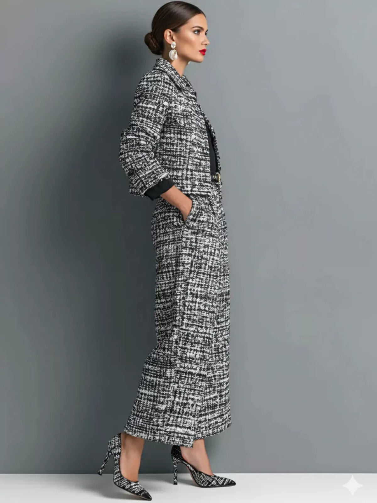 Tweed Cropped Jacket and Wide-Leg Pants Set