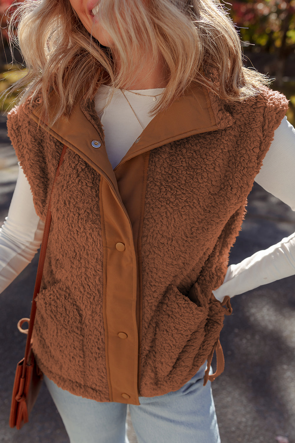 Cinnamon Faux Fur Snap Button Front Knot Side Plush Vest with Pockets