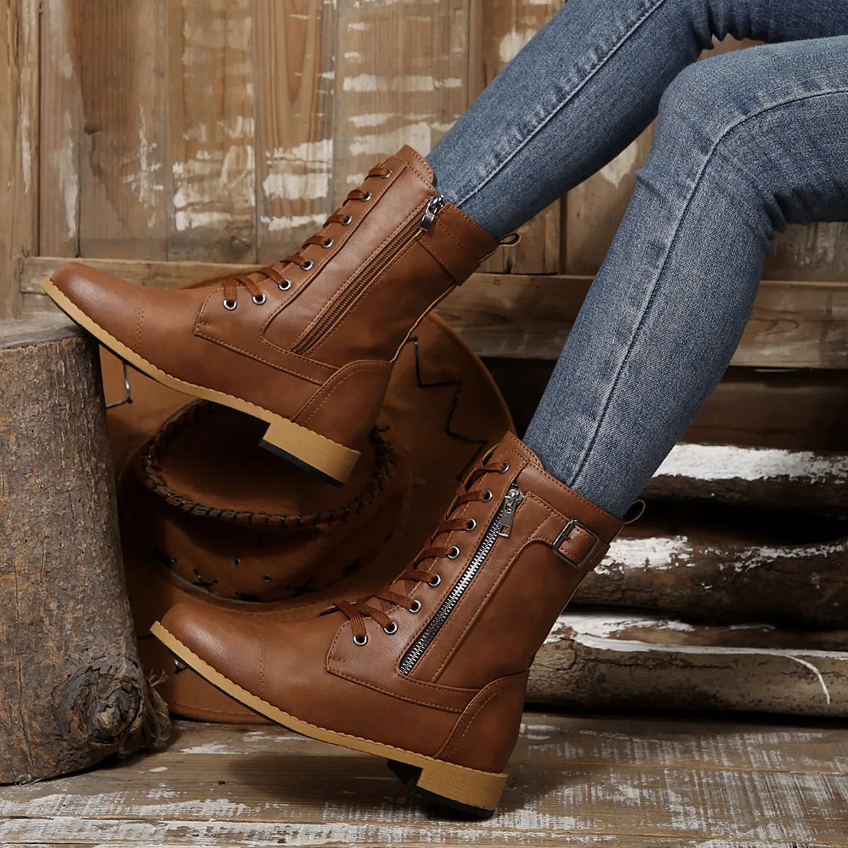 Round Toe Lace Up Block Heels Boots