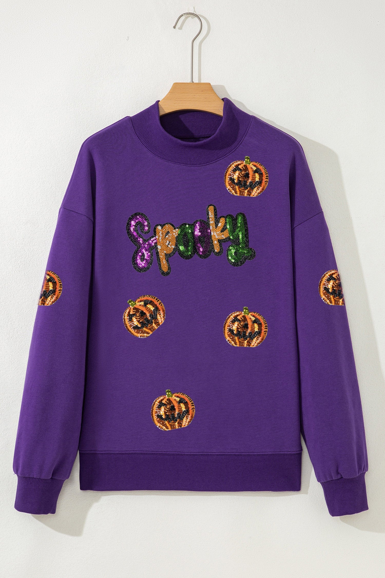 Tillandsia Purple Sequin Pumpkin Spooky Graphic Halloween Pullover Sweatshirt
