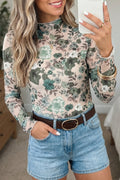 Green Western Style Floral Print Long Sleeve Mesh Top