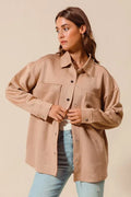 Faux Suede Snap Shacket with Collar and Pockets