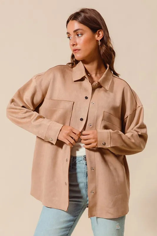 Faux Suede Snap Shacket with Collar and Pockets