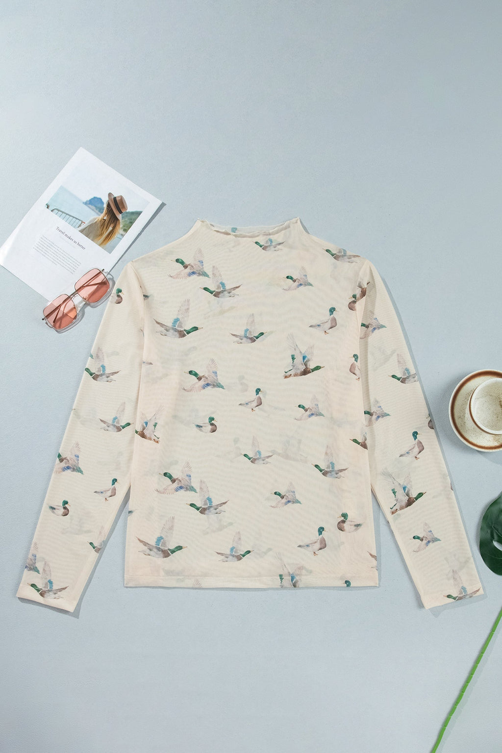 Beige Mesh Duck Print Tunic Long Sleeve Plus Size Blouse