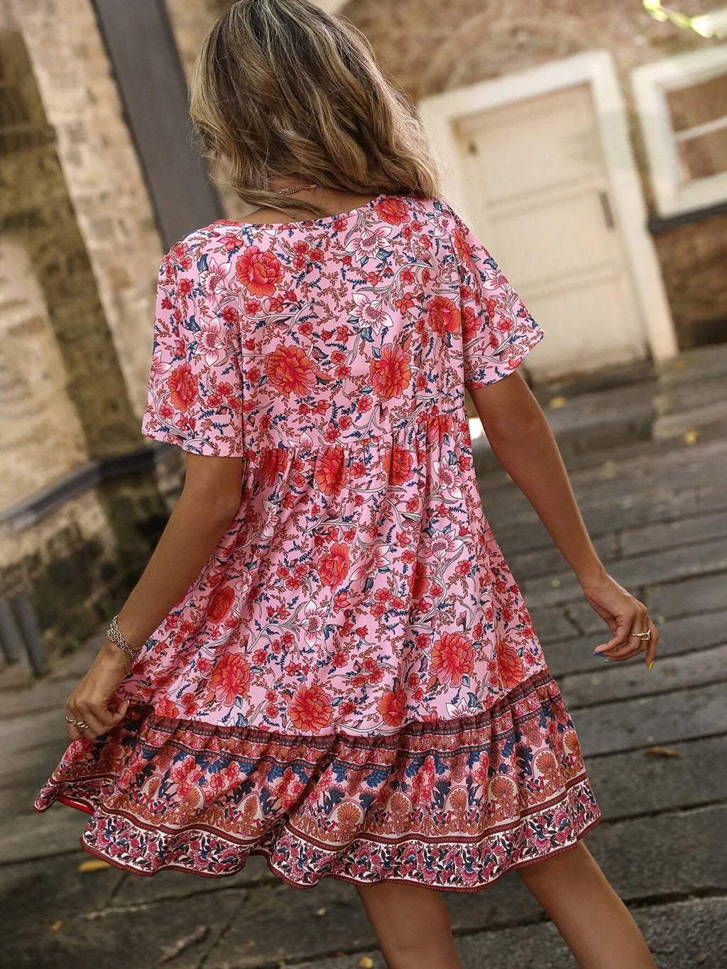 Floral Print Tie-Neck Ruffle Hem Mini Dress