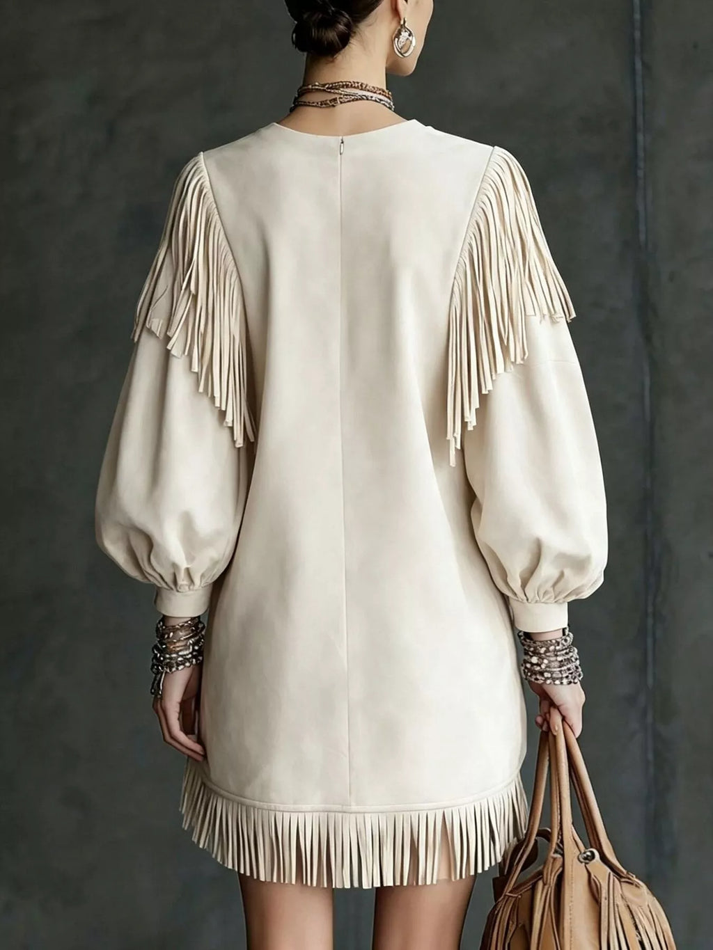 Fringe Detail Lantern Sleeve Mini Dress