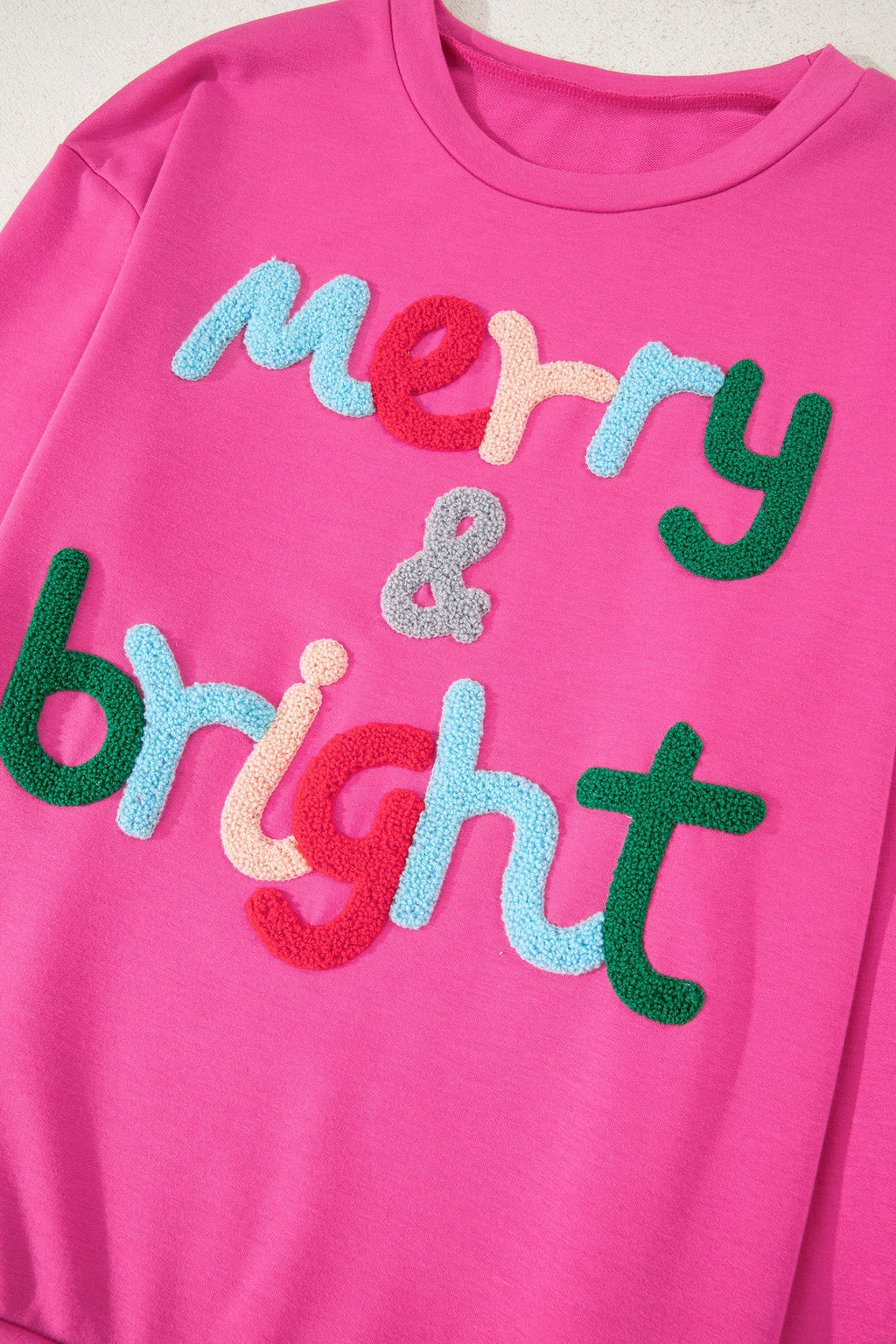 Rose Red Merry & Bright Christmas Letter Graphic Sweatshirt