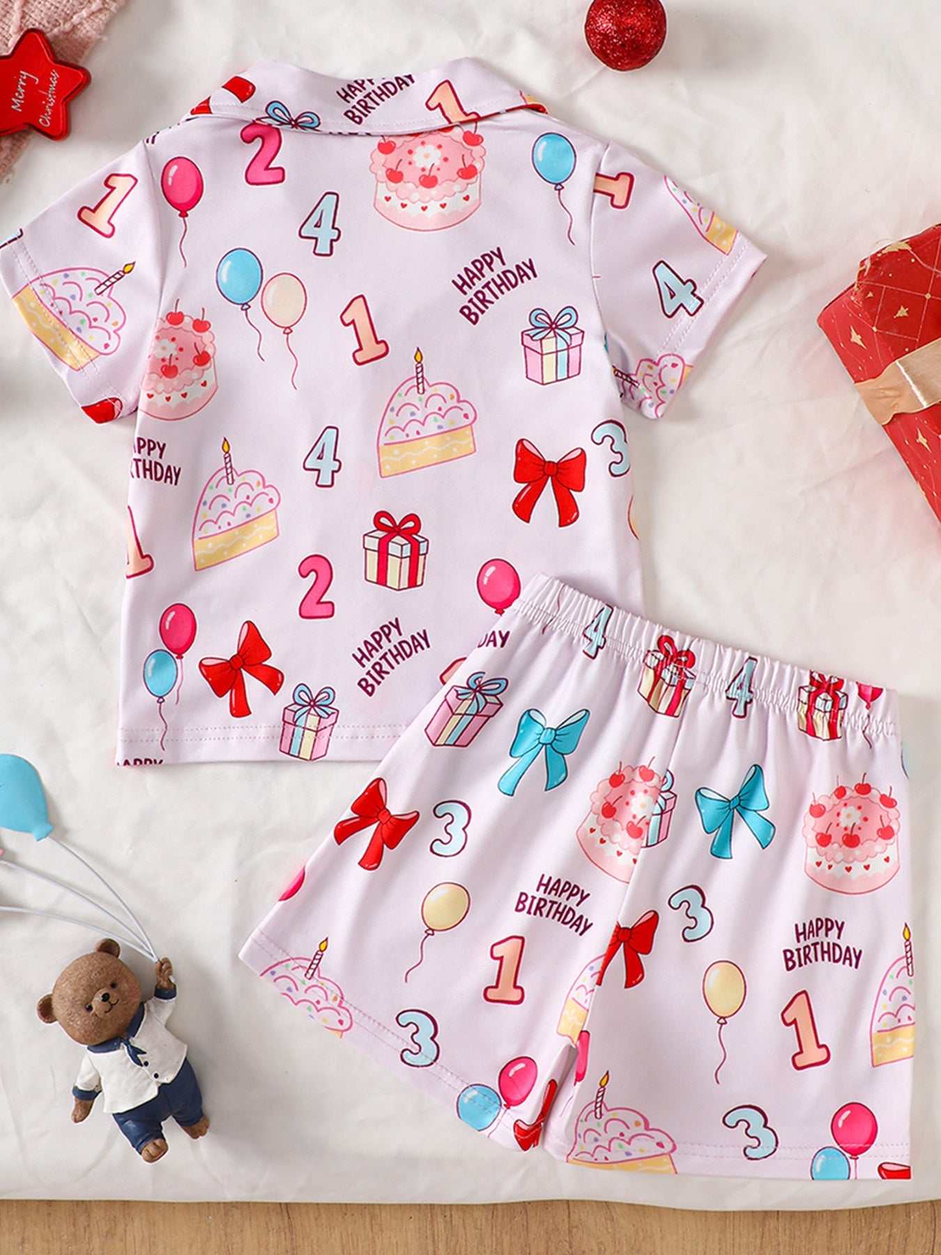 Children's Birthday Cake Print Shirt and Shorts Pajama Set