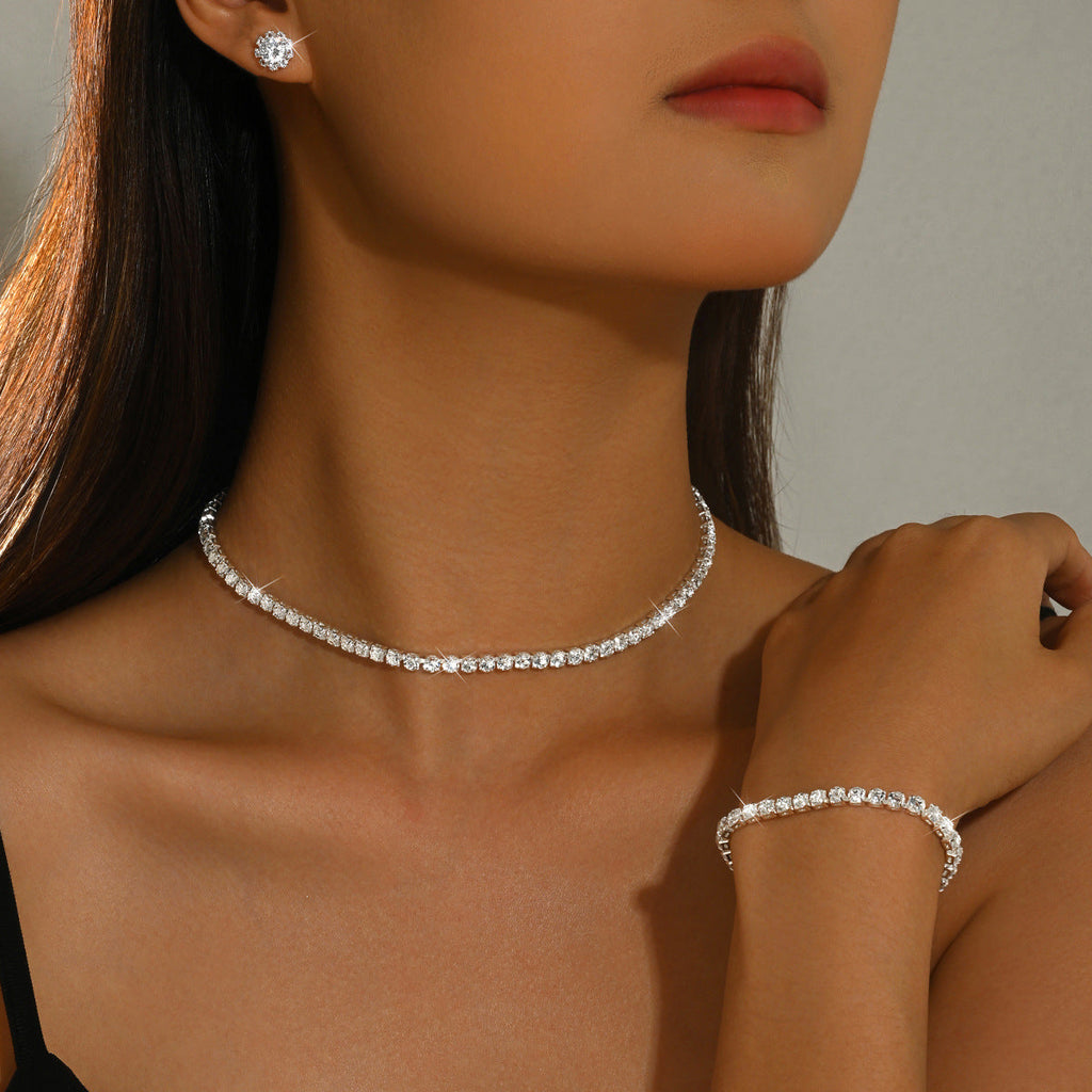 Women 3 Pcs Silver Tone Tennis Rhinestone Jewelry Set,Choker Necklace Stud Earrings Bracelet,Classic Costume Accessories For Daily Wedding Banquet Party Occasion