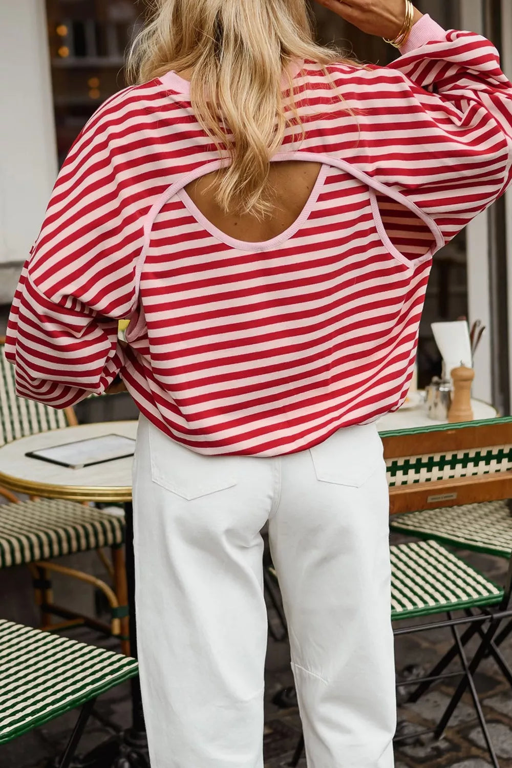 Cutout Back Striped Round Neck Sweatshirt