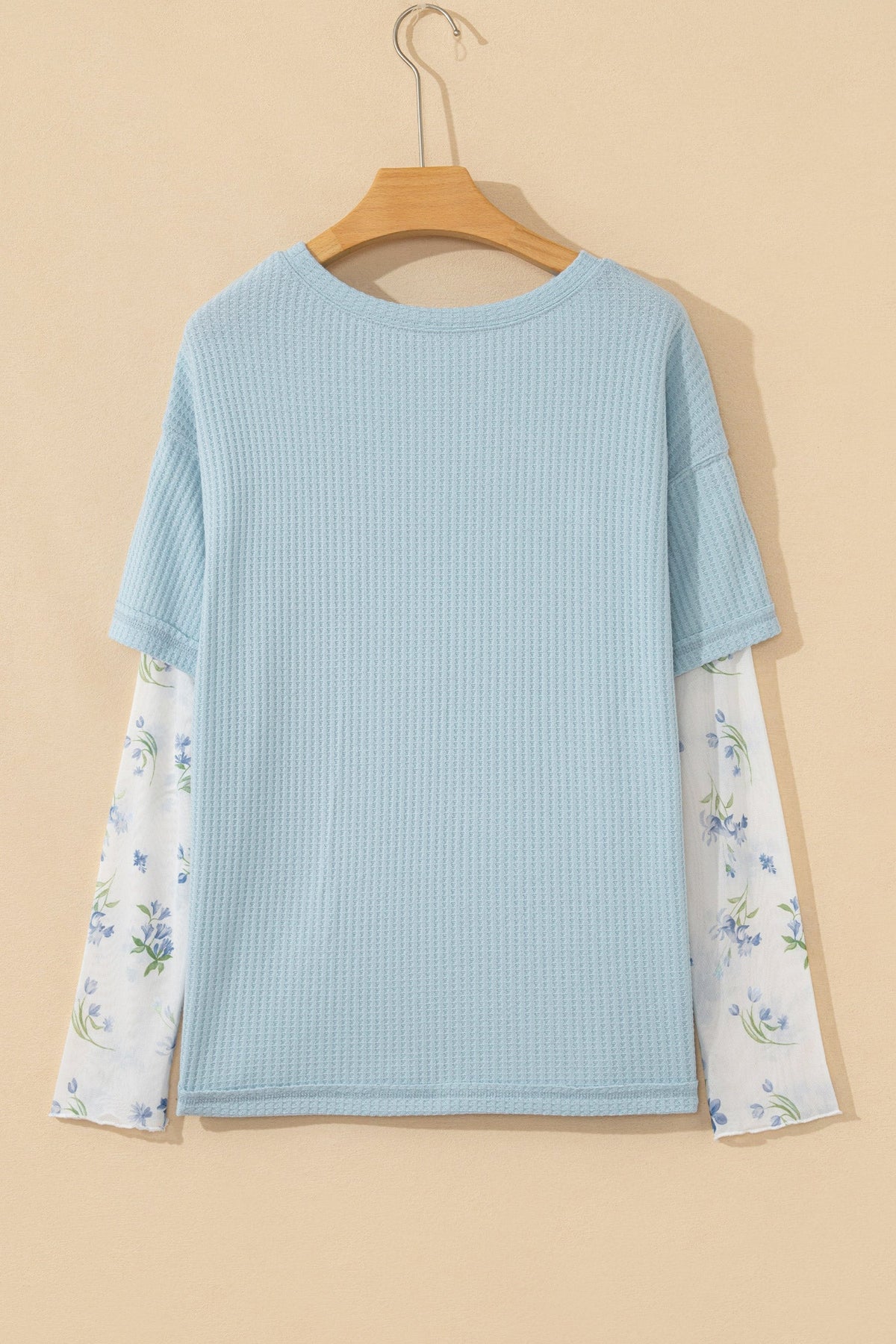 Floral Mesh Patchwork Waffle Fake Two-Piece Top