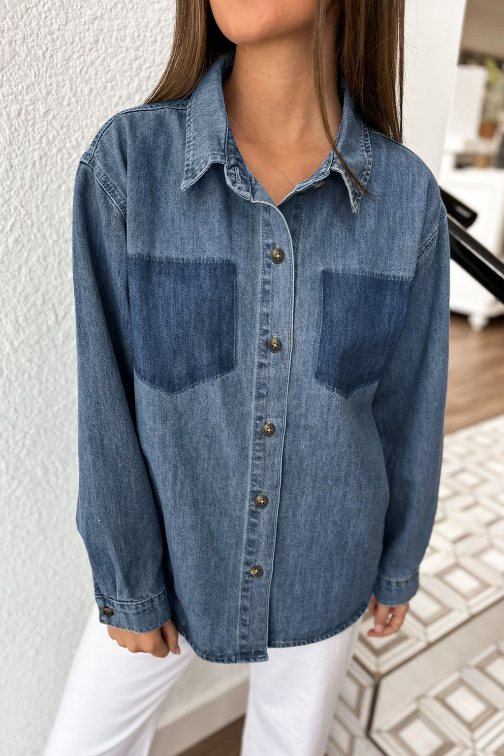 Sky Blue Color Block Pocket Detail Casual Button Down Denim Shirt