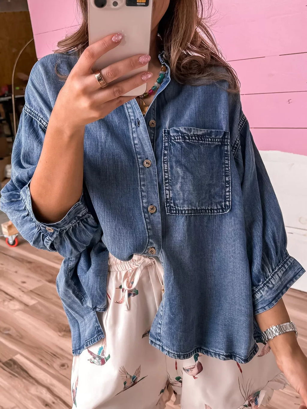 Three Quarter Sleeve Button Front Loose Denim Shirt