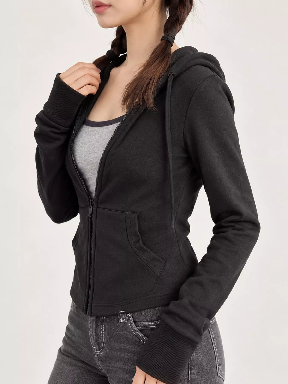 Drawstring Zip-Up Slim Fit Hoodie