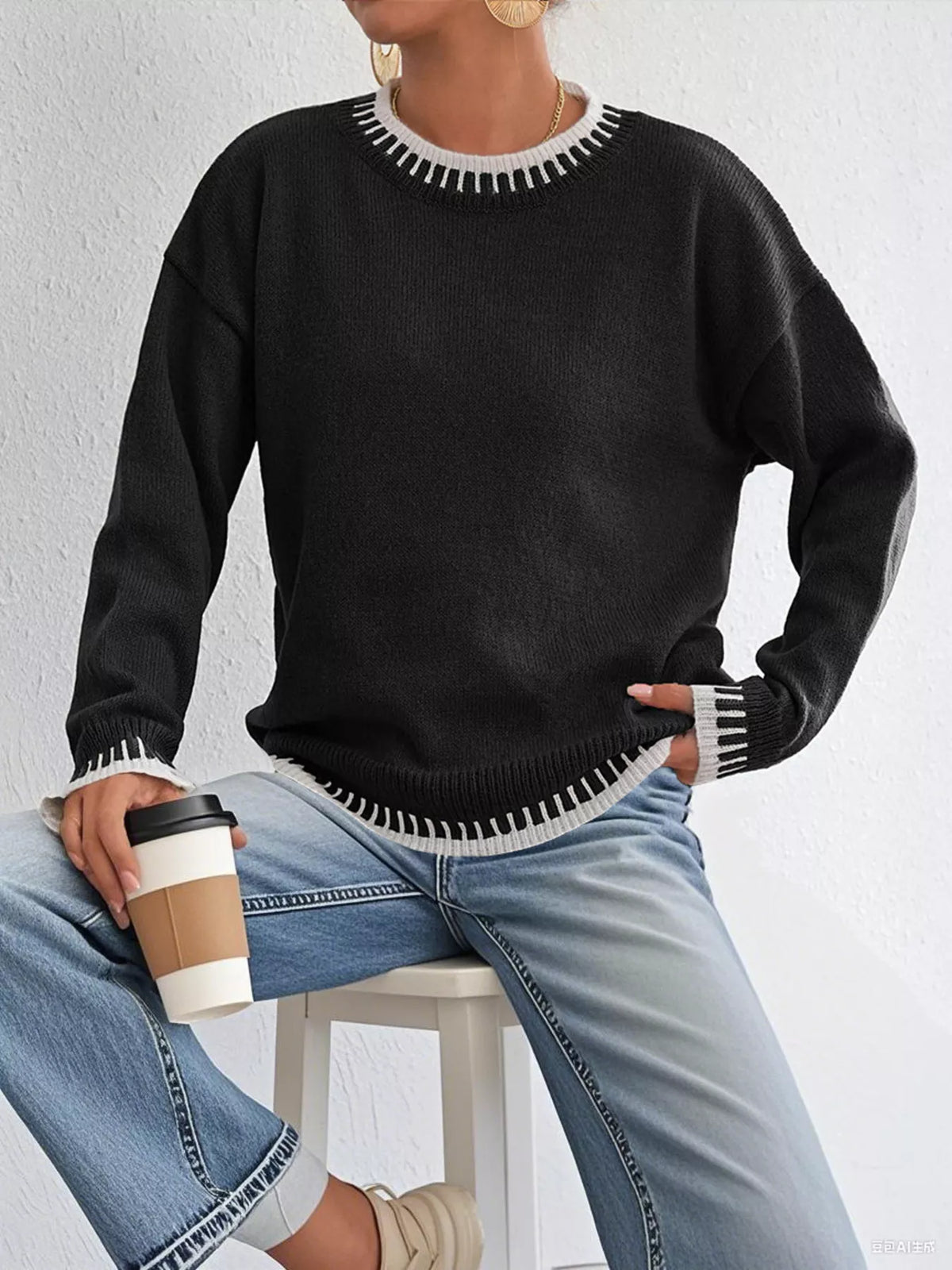 Contrast Trim Crew Neck Drop Shoulder Sweater