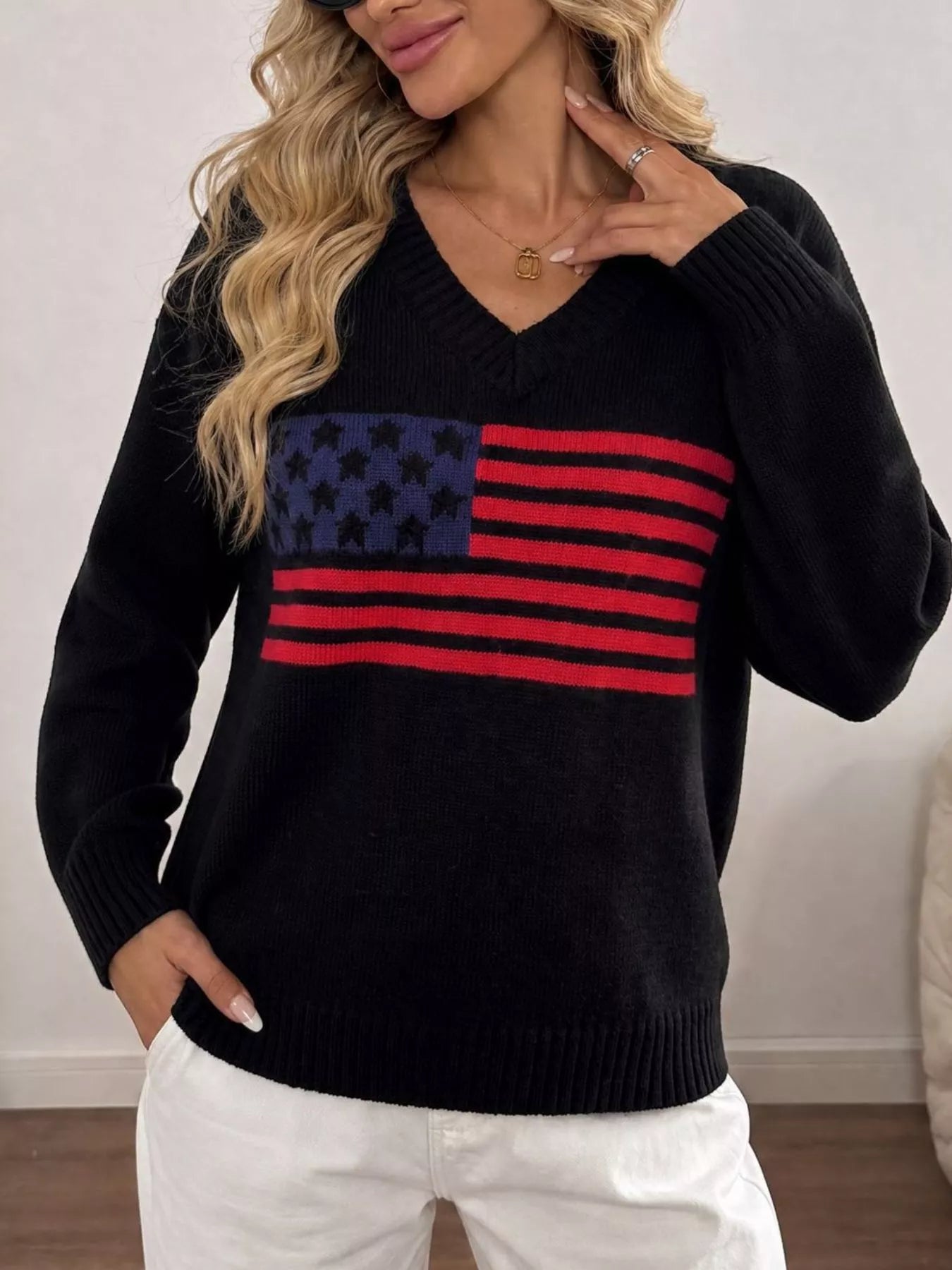American Flag V-Neck Knit Top