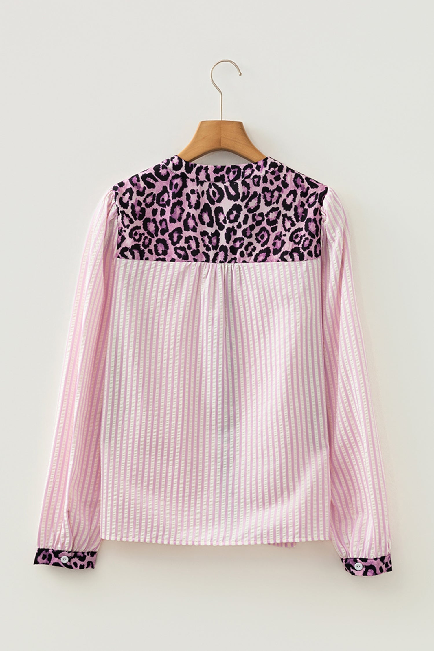 Pink Stripe Leopard Patchwork Long Sleeve Shirt