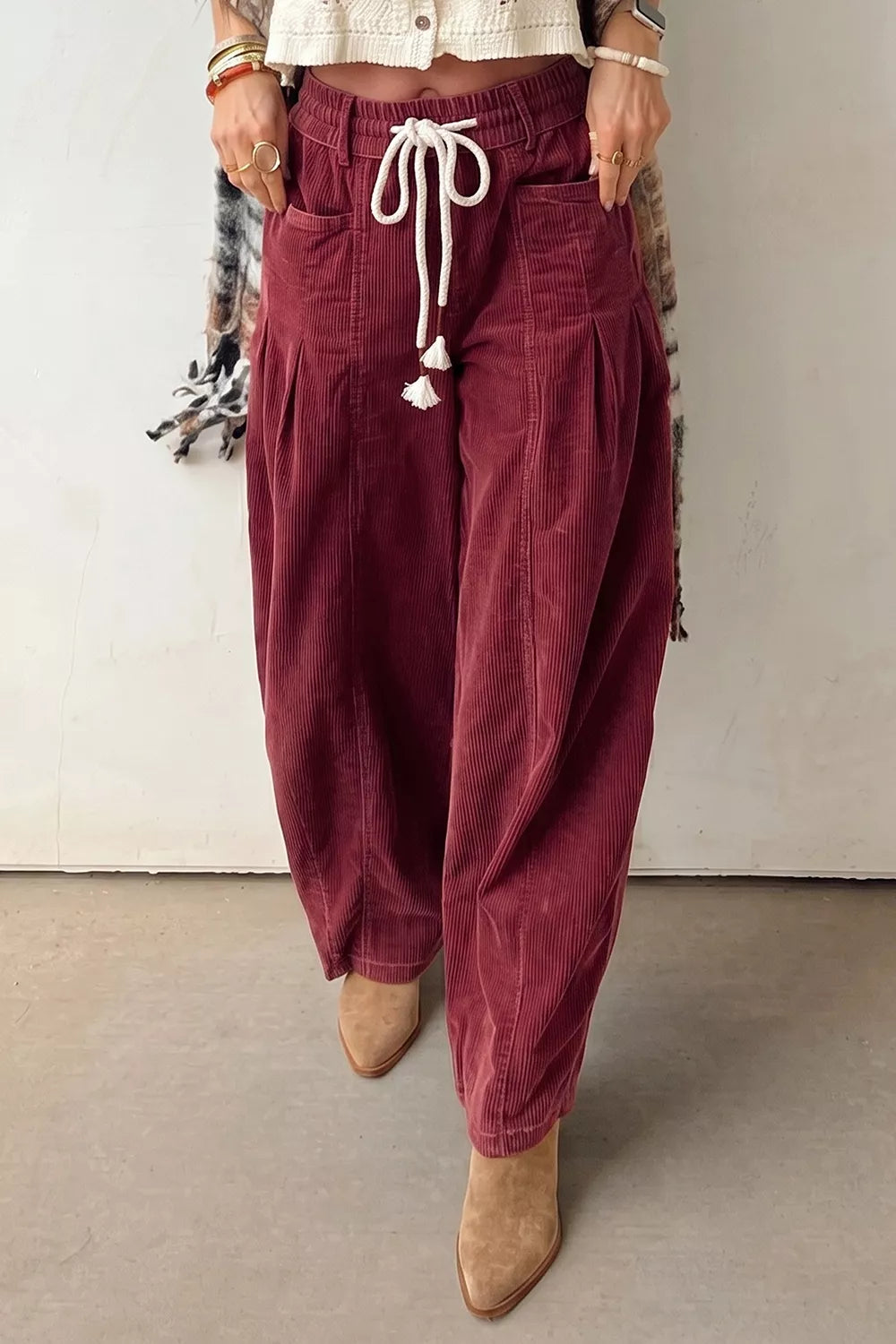 Elastic Waist Drawstring Corduroy Casual Pants