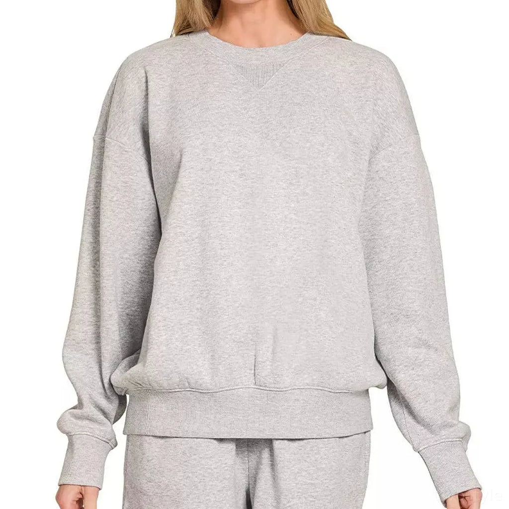 Fleece Long Sleeve Crew Neck Sweatshirt and Drawstring Shorts Set