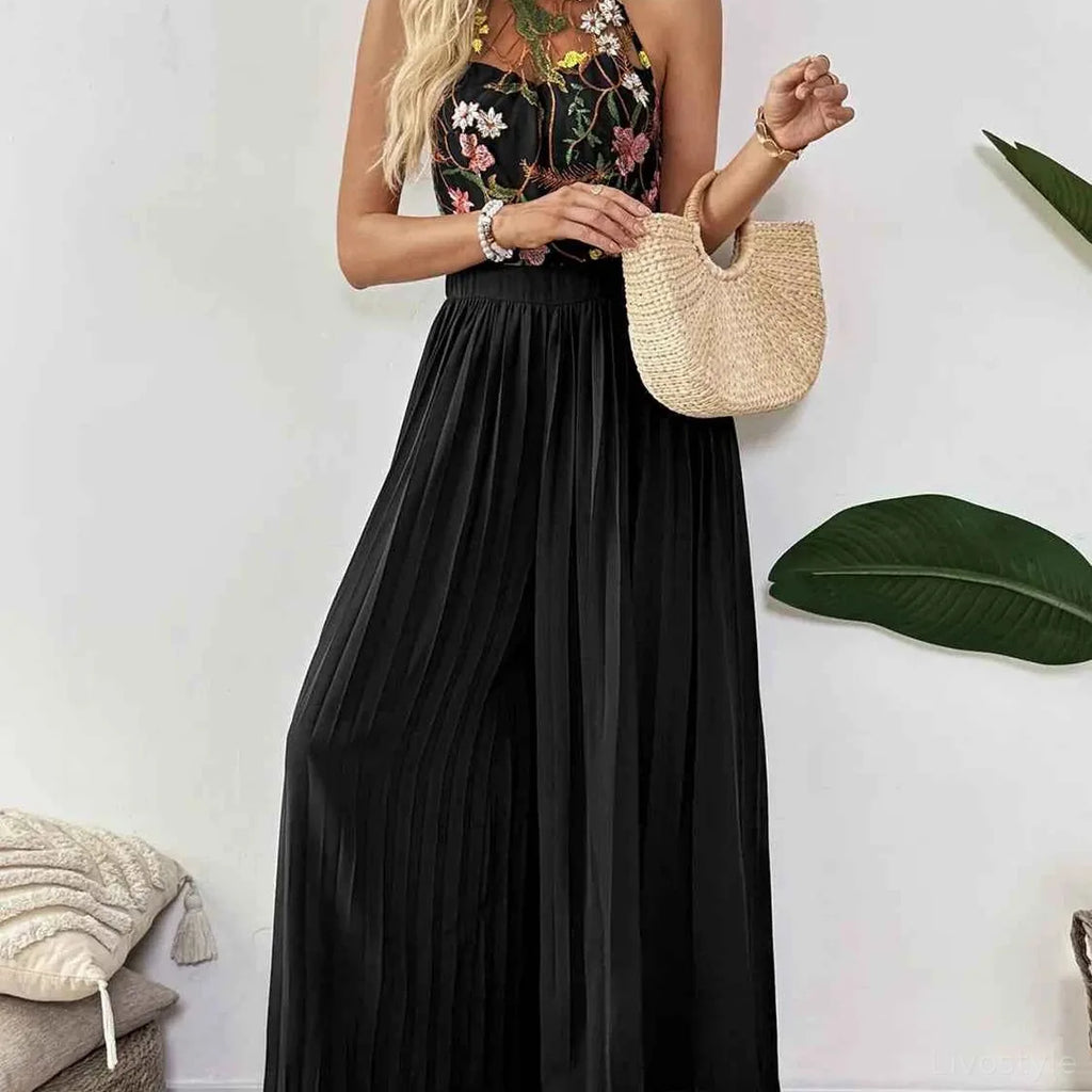 Floral Embroidered Halter Neck Pleated Wide Leg Jumpsuit