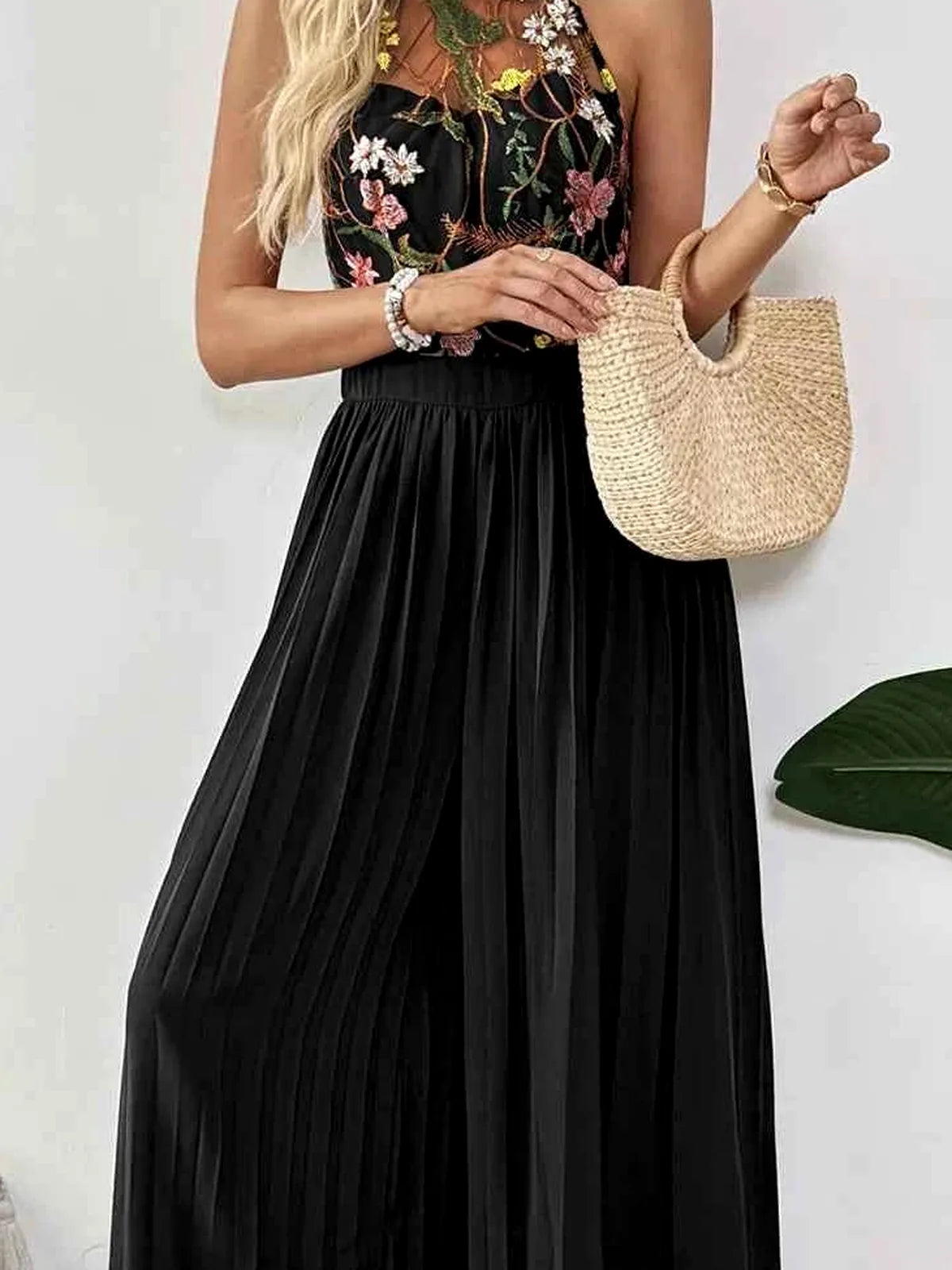 Floral Embroidered Halter Neck Pleated Wide Leg Jumpsuit