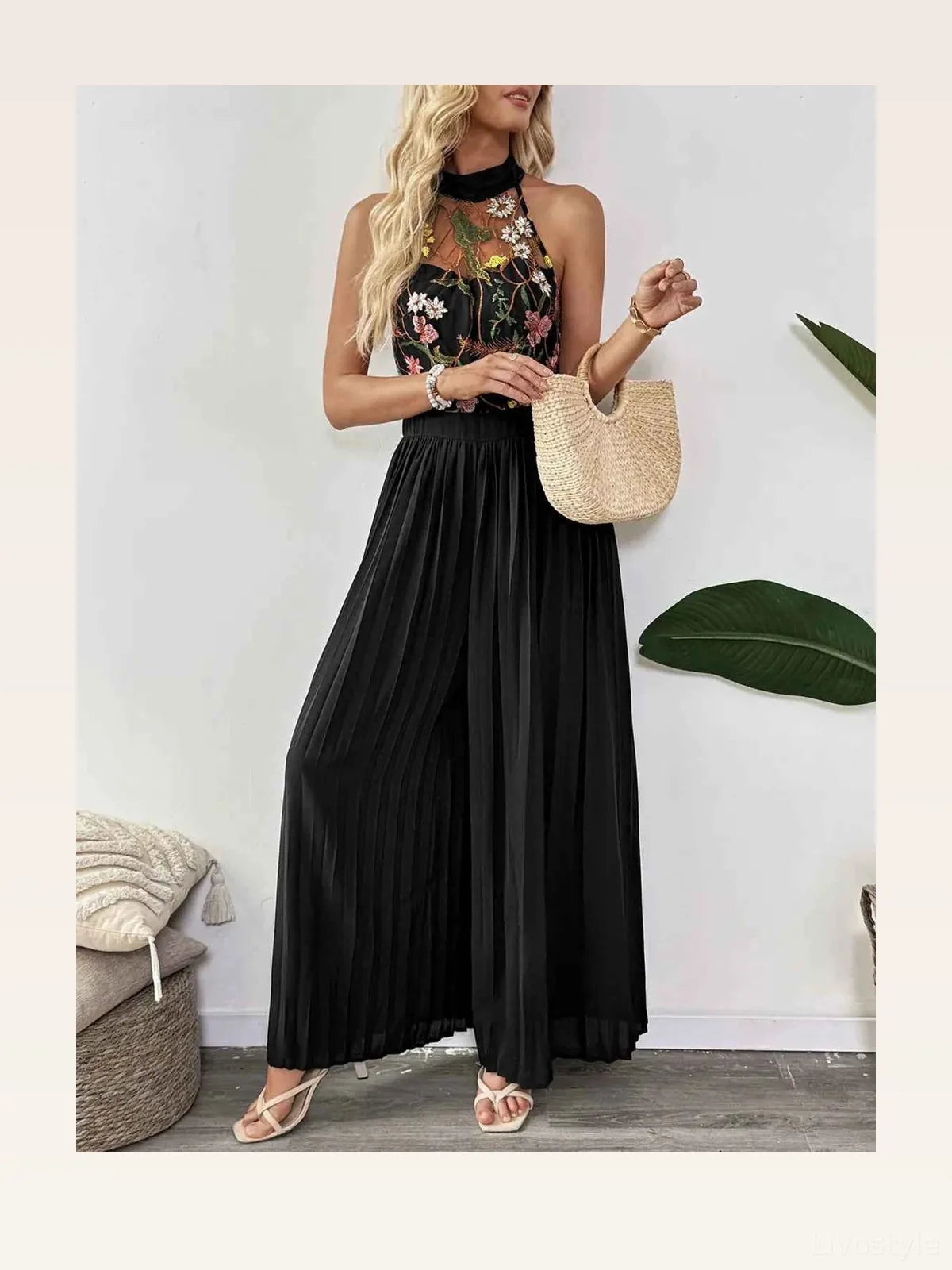 Floral Embroidered Halter Neck Pleated Wide Leg Jumpsuit