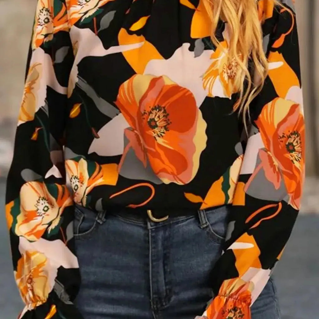 Floral Mock Neck Blouse with Flounce Sleeves
