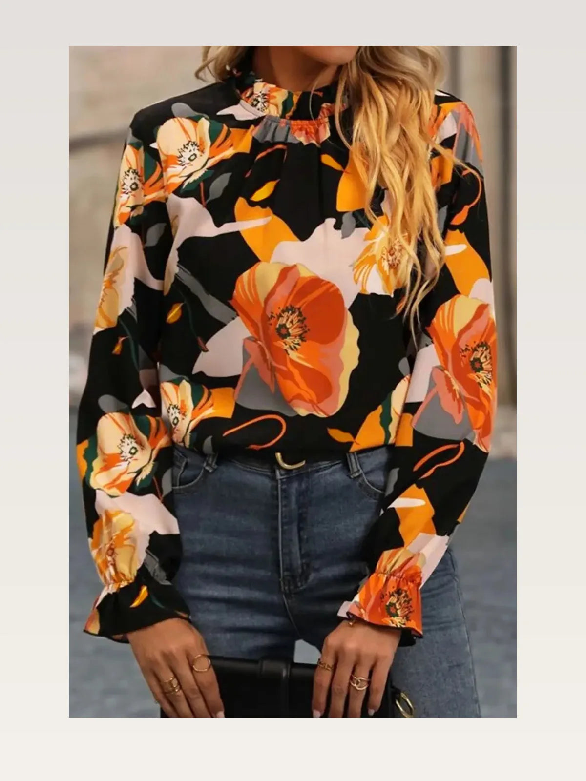 Floral Mock Neck Blouse with Flounce Sleeves