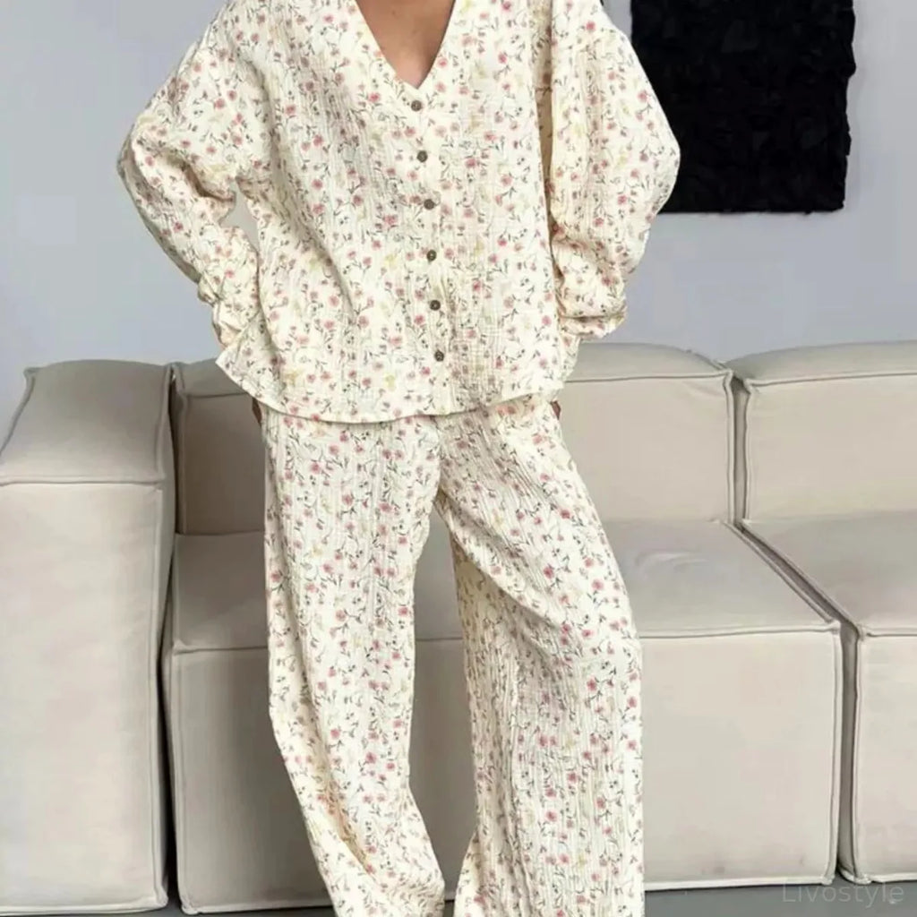 Floral Print Button-Down Top and Pants Lounge Set