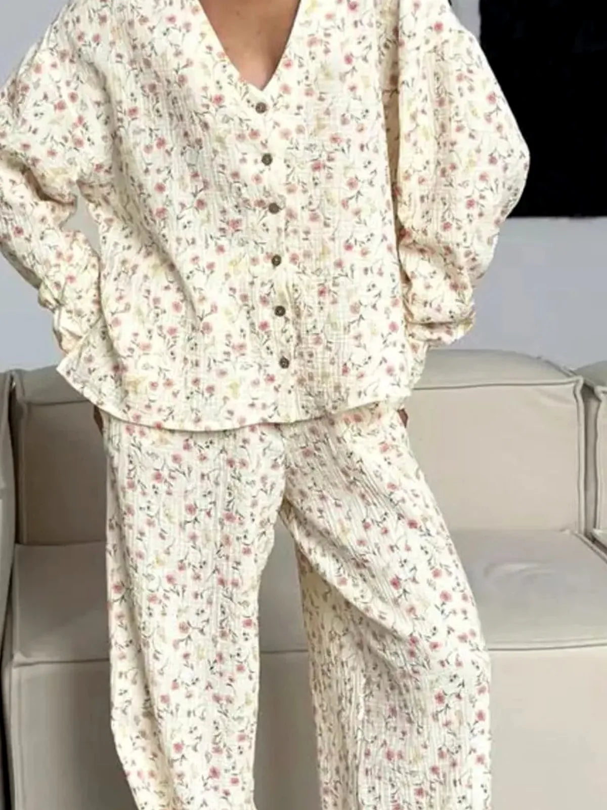 Floral Print Button-Down Top and Pants Lounge Set