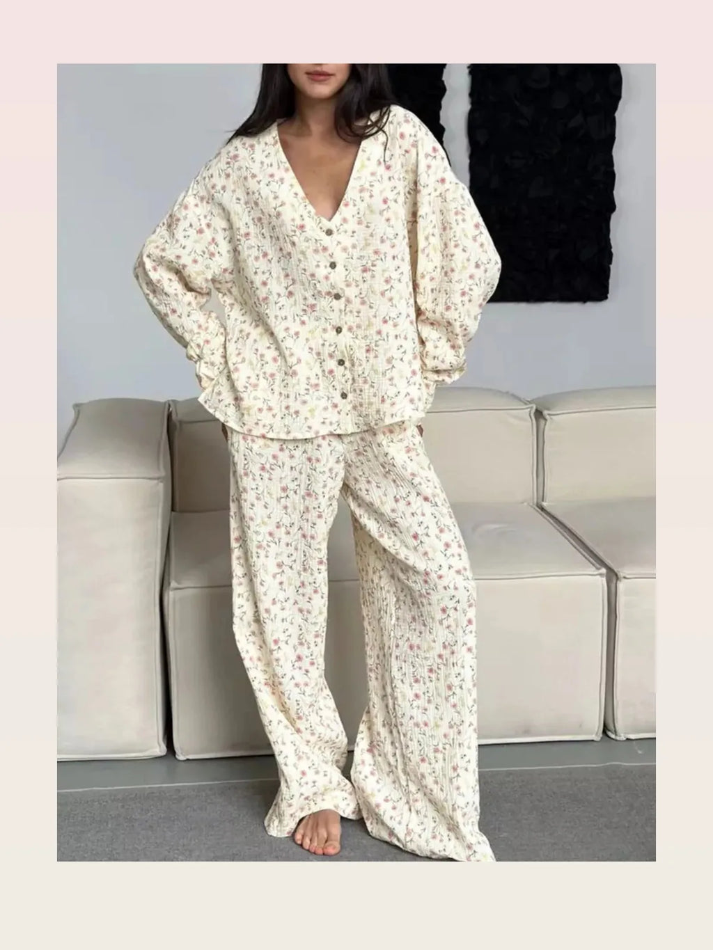 Floral Print Button-Down Top and Pants Lounge Set