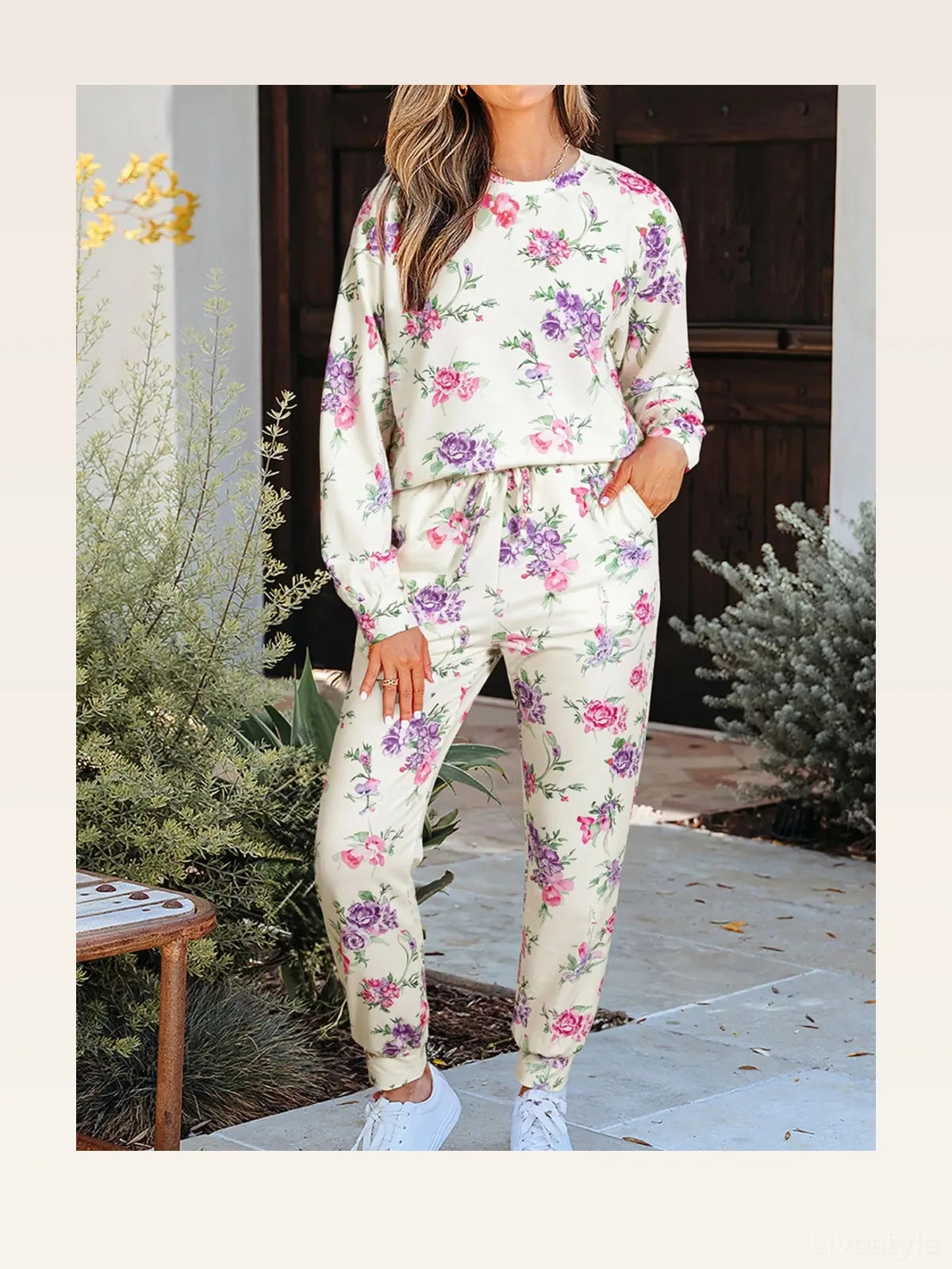 Floral Print Round Neck Top and Drawstring Pants Lounge Set