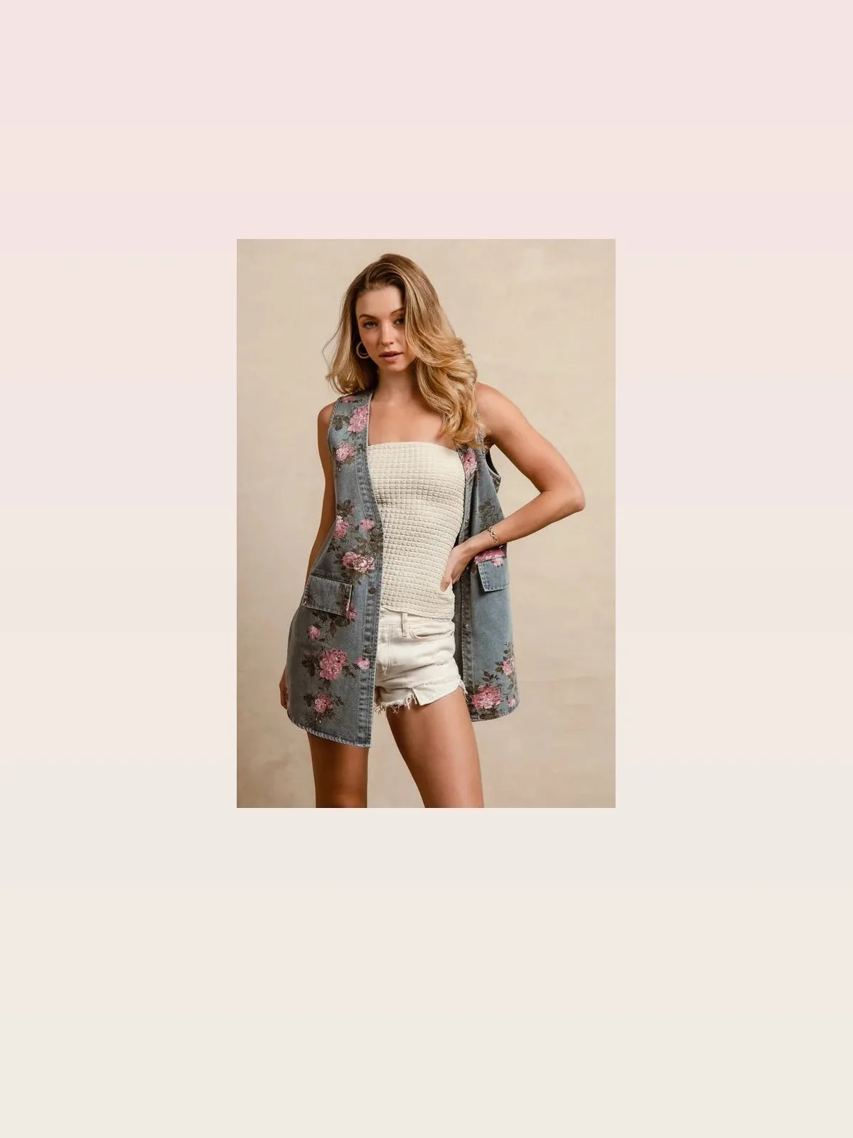 Floral Print Long Denim Vest