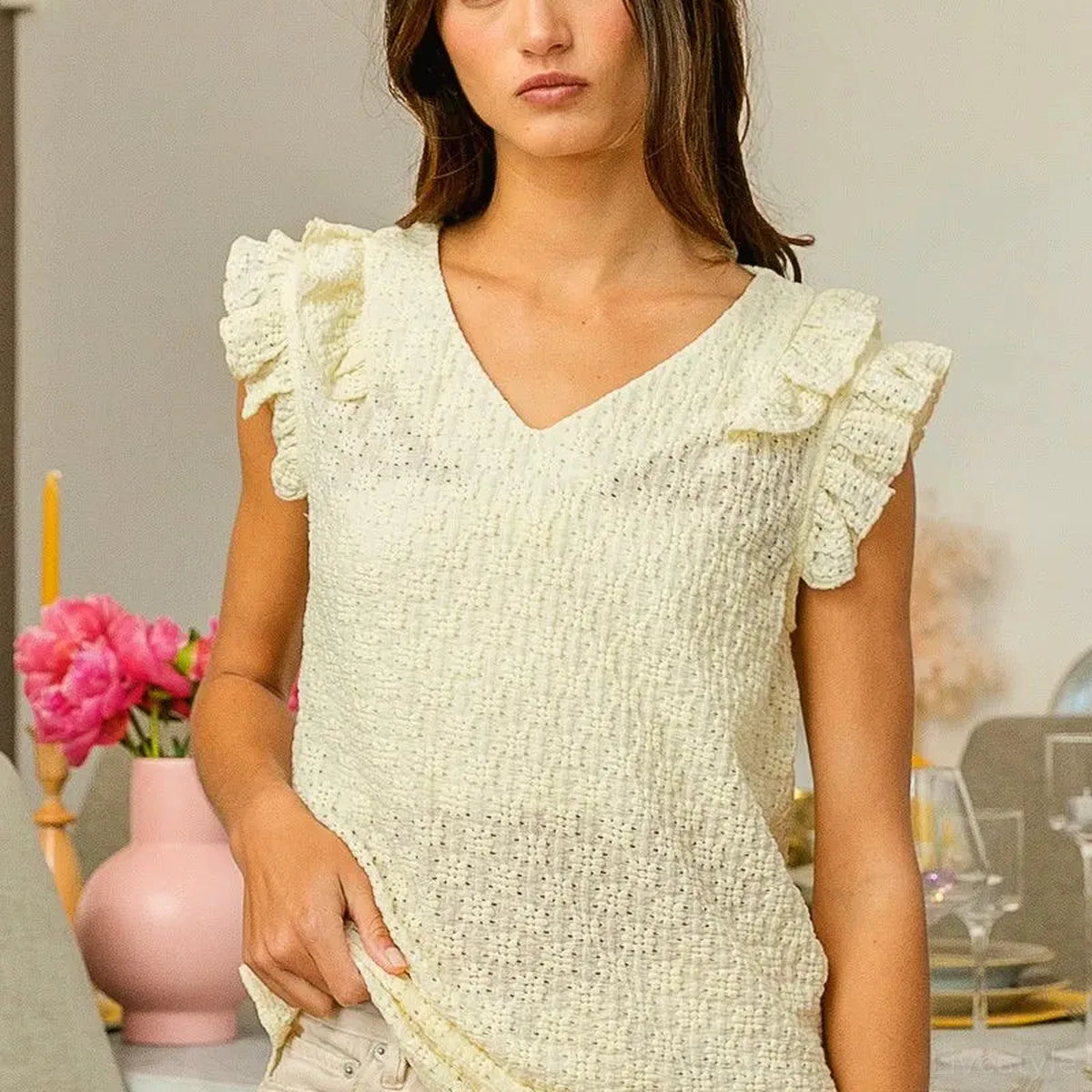 Floral Eyelet V-Neck Sleeveless Top with Ruffled Armholes