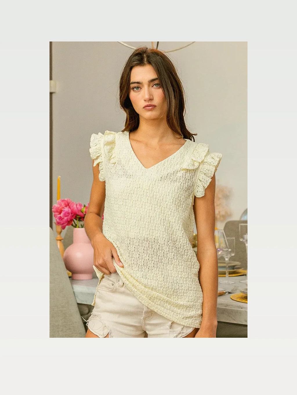 Floral Eyelet V-Neck Sleeveless Top with Ruffled Armholes