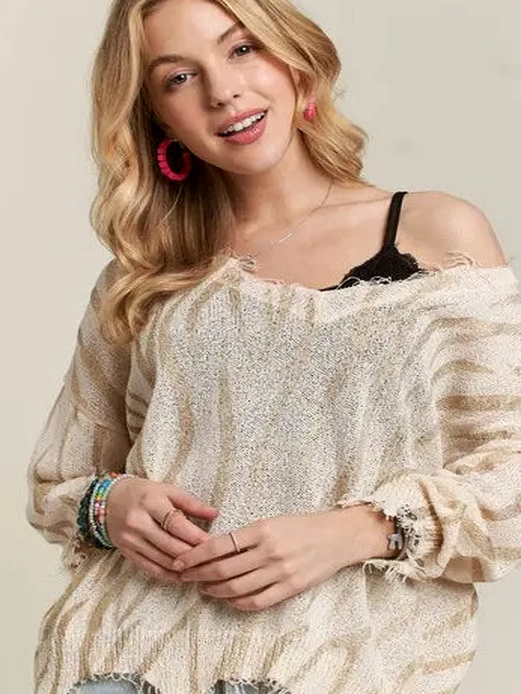 Zebra Print Knit Top with Frayed Detailing