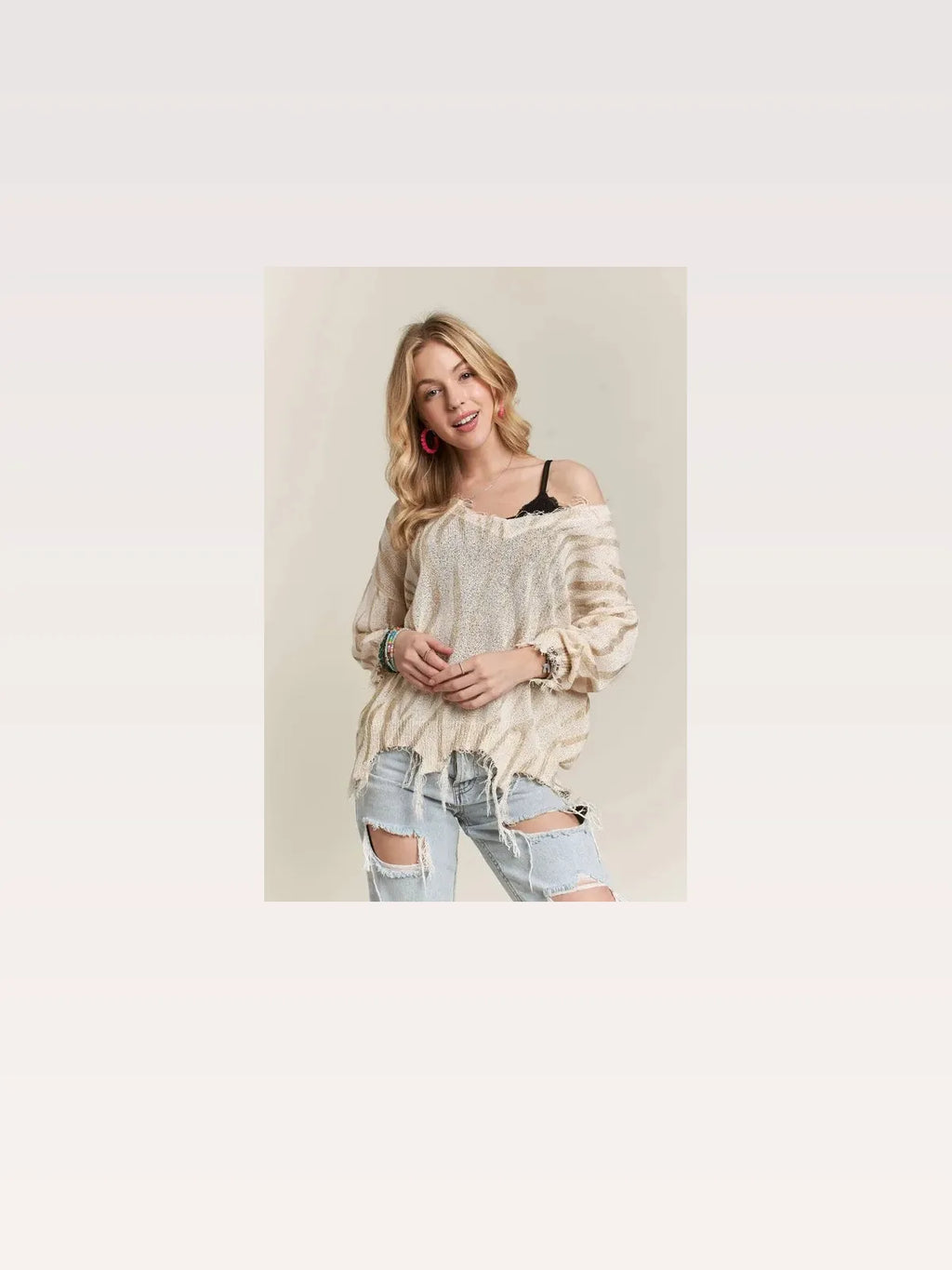 Zebra Print Knit Top with Frayed Detailing