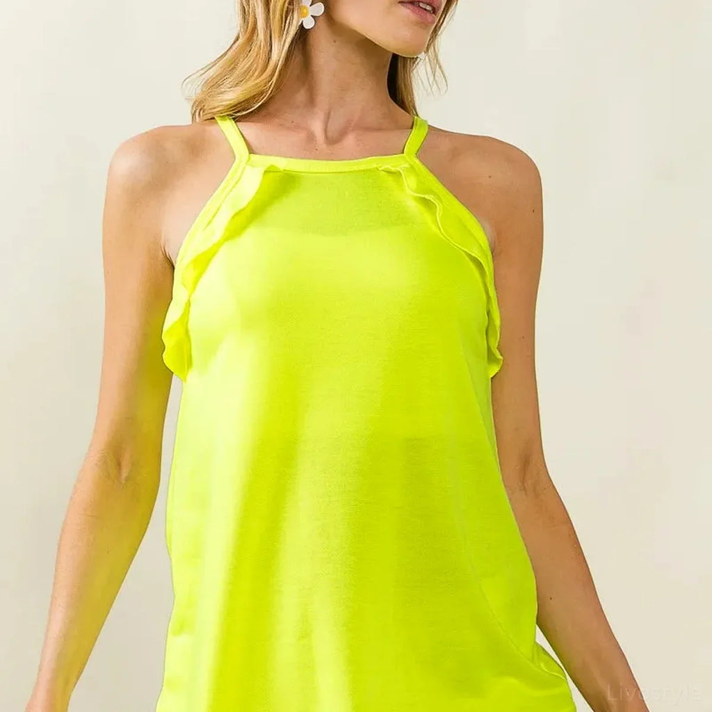 Ruffle Trim Square Neck Sleeveless Top in French Terry Cotton