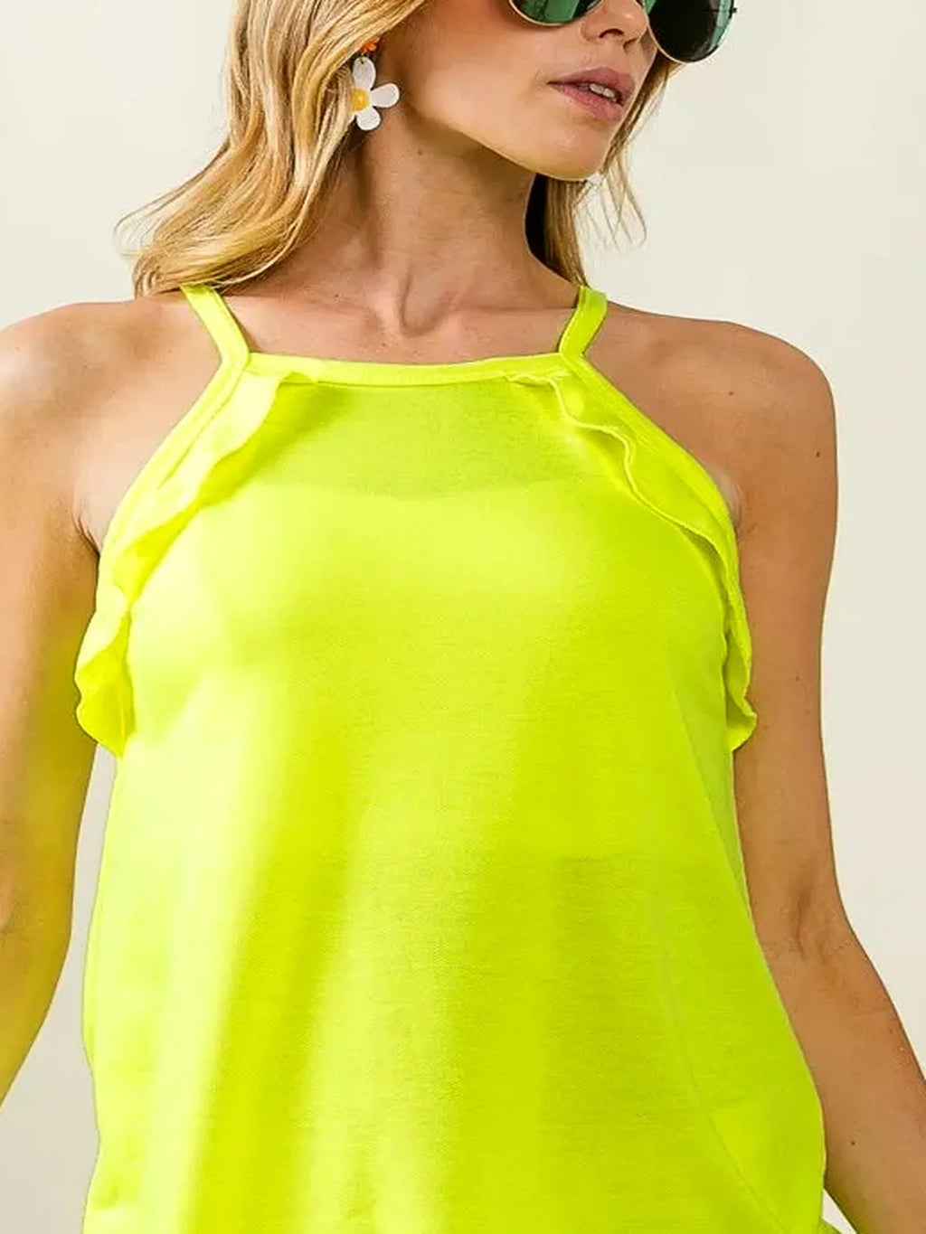 Ruffle Trim Square Neck Sleeveless Top in French Terry Cotton