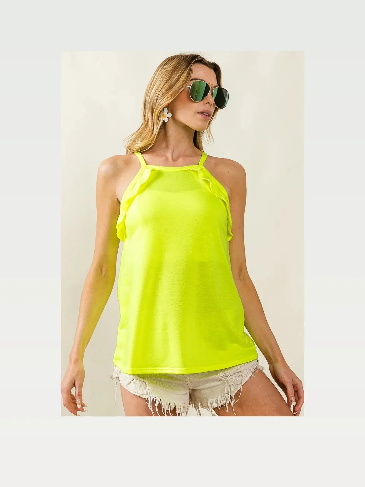 Ruffle Trim Square Neck Sleeveless Top in French Terry Cotton