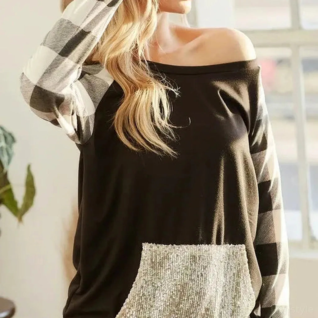 Off-Shoulder French Terry Top with Sequin Pocket – Buffalo Check