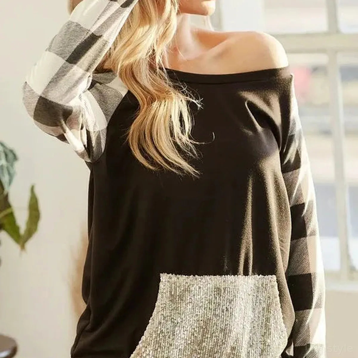 Off-Shoulder French Terry Top with Sequin Pocket – Buffalo Check