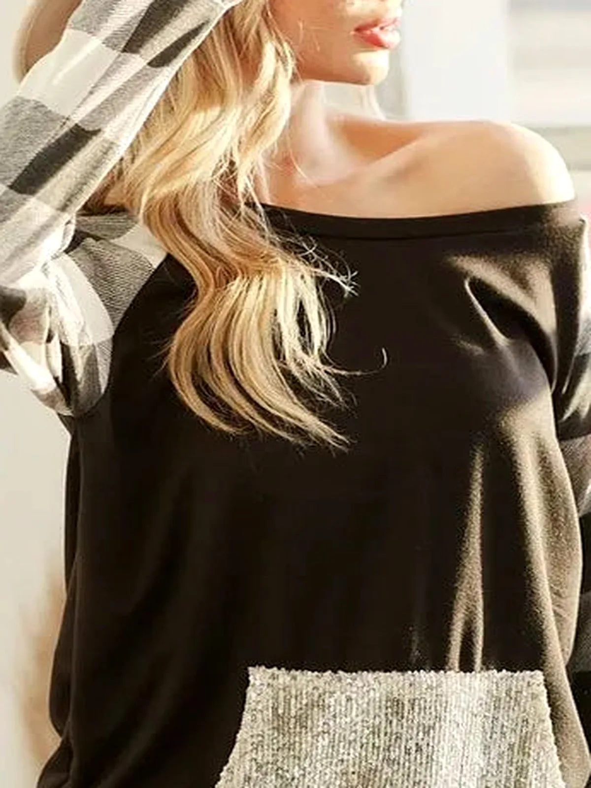 Off-Shoulder French Terry Top with Sequin Pocket – Buffalo Check