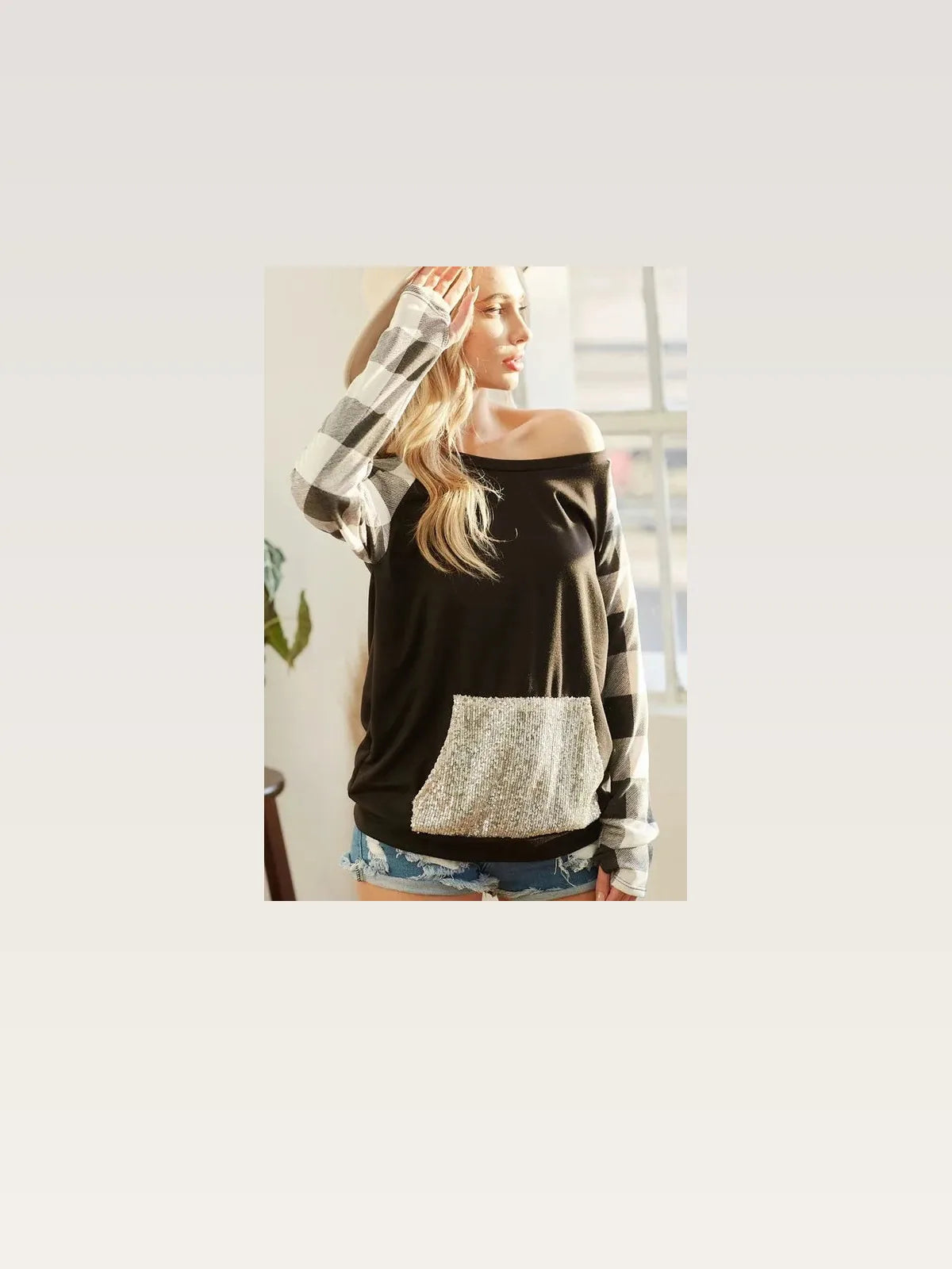 Off-Shoulder French Terry Top with Sequin Pocket – Buffalo Check